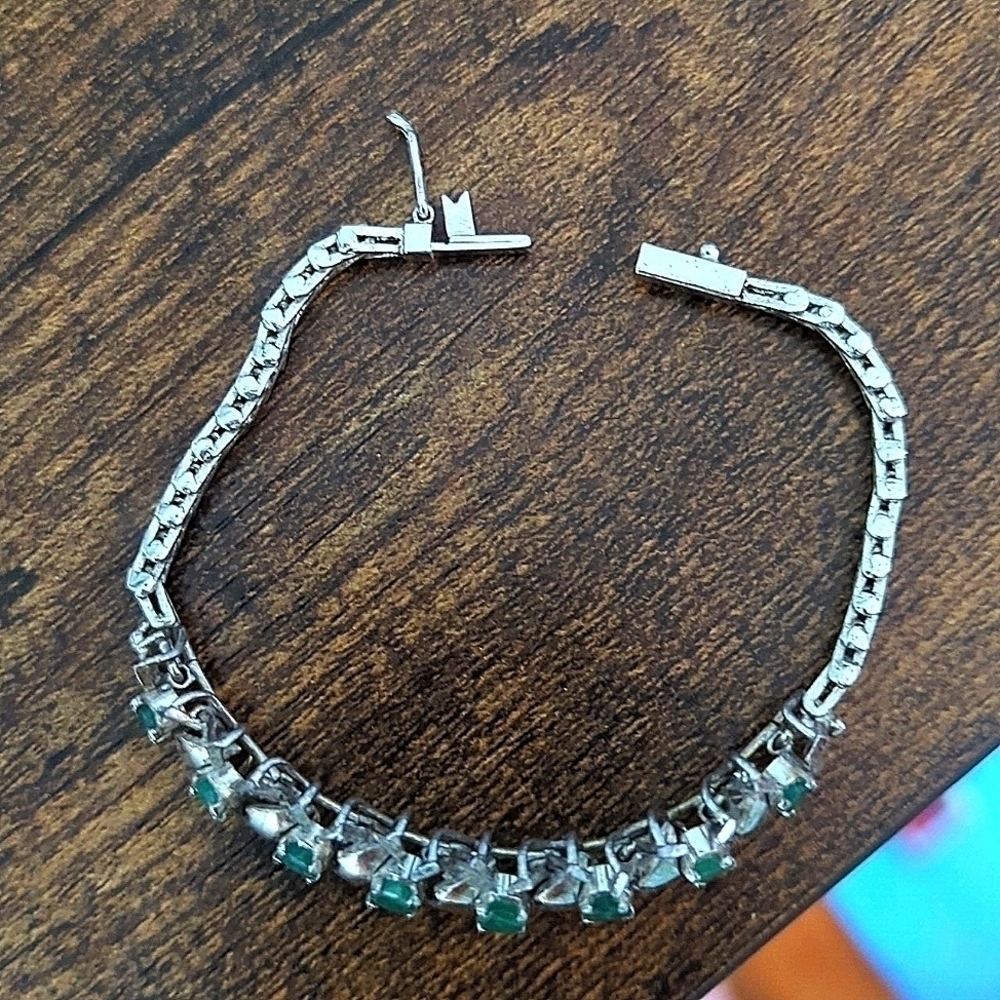 Gorgeous Vintage Emerald White Topaz and Sterling Bracelet 7" - Picture 3 of 6